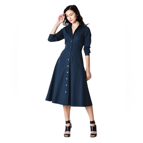 Eshakti Cotton Poplin Trapunto Waist Midi Shirtdress Womens Large 12 Navy Blue - Picture 1 of 11